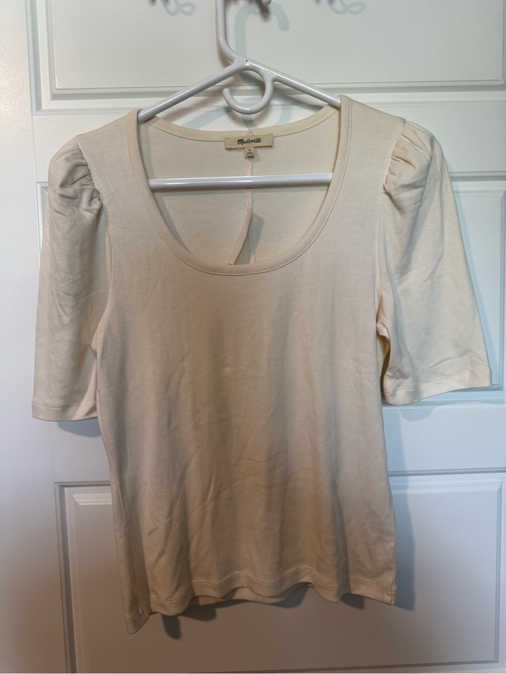 NWT Madewell 100% Supima Cotton Puff Sleeve Scoop Neck Tee, Cream, Size Small